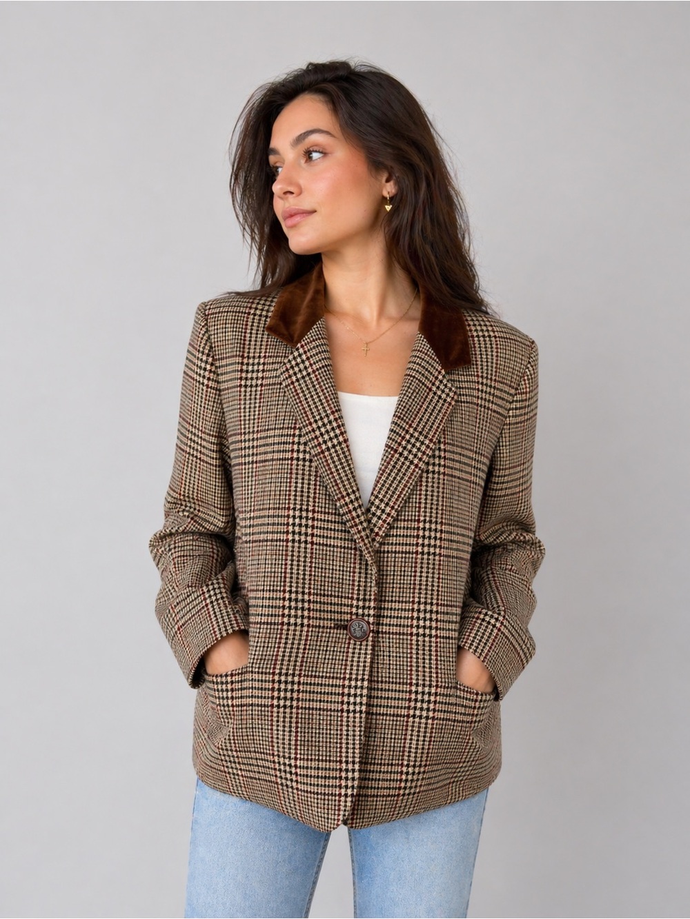 Vintage Plaid Blazer with Brown Velvet Collar - Women’s Size M